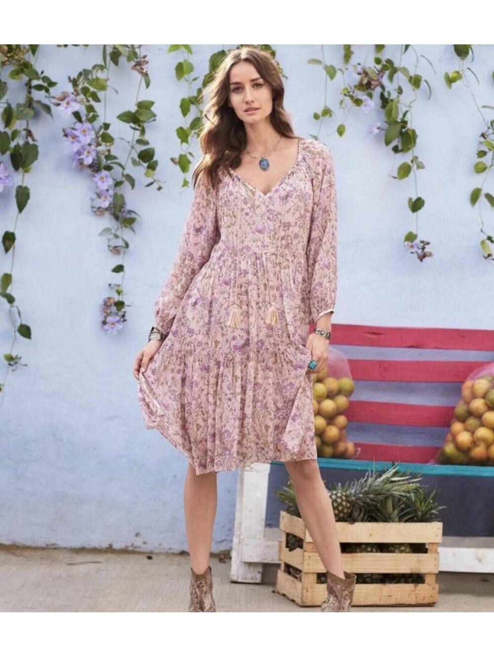 Sundance Floral Lavender Sheer Tieried Midi Dress, Women's Medium